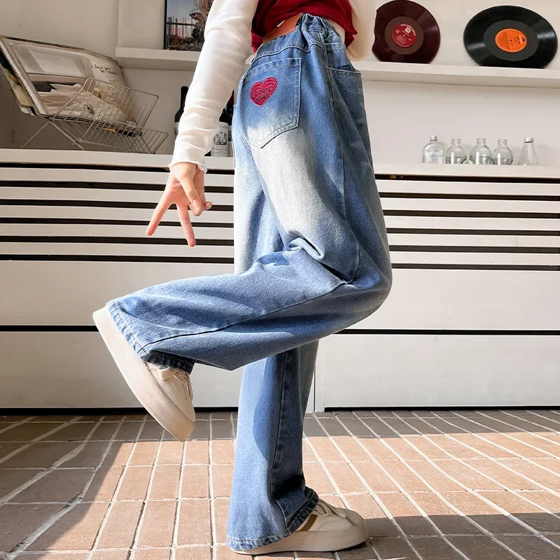 Girls Jeans 2025 Spring New Teenager Children Love Embroidered Jeans Kids Straight Leg Loose Wide-leg Denim Pants