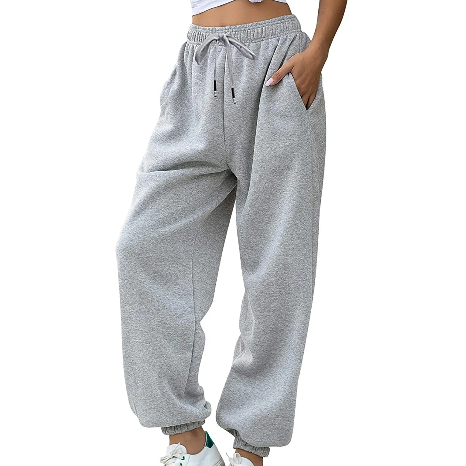 Women Sweatpants Drawstrings Running Sport Joggers Trousers Cotton Loose Elastic Waist With Pockets Athletic Gym Fitness Joggers