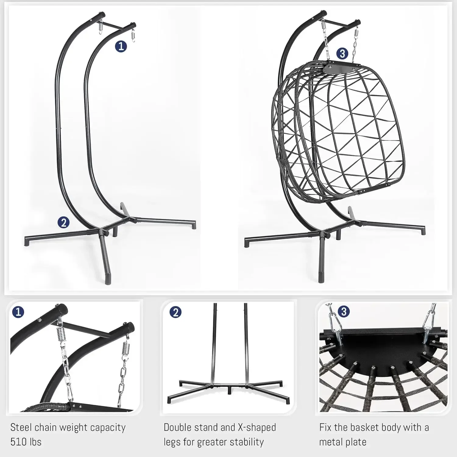 Silla doble de huevo con soporte para interiores y exteriores, columpio colgante de mimbre grande para 2 personas, cojines negros de ratán gris con funda