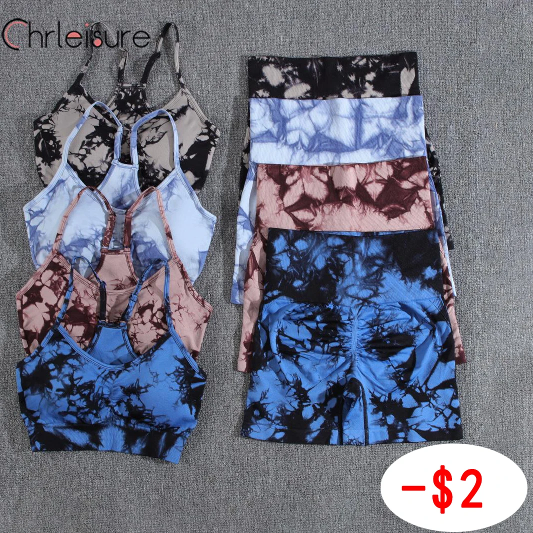 CHRLEISURE Yoga Shorts Set Tie Dye Women Seamless Summer Bra Set High Waist Fitness New Sportswear Printing Yoga Short Pants Set