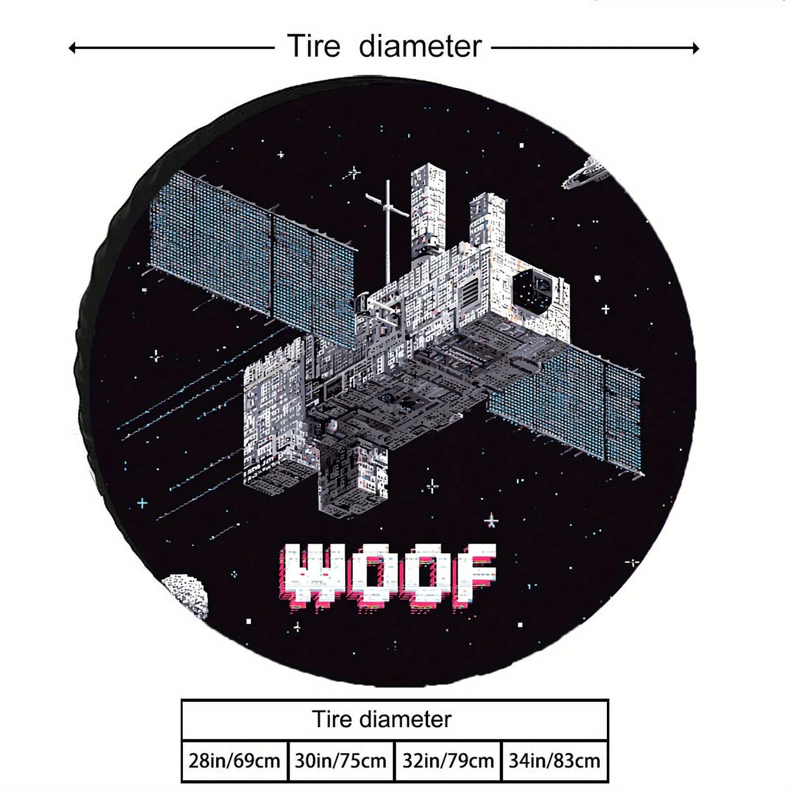 The Pixel Satellite Spare Tire Cover Features A Retro Sci-Fi Design With 'WOOF' Pixel Letters, Transforming Your Spare Tire Into