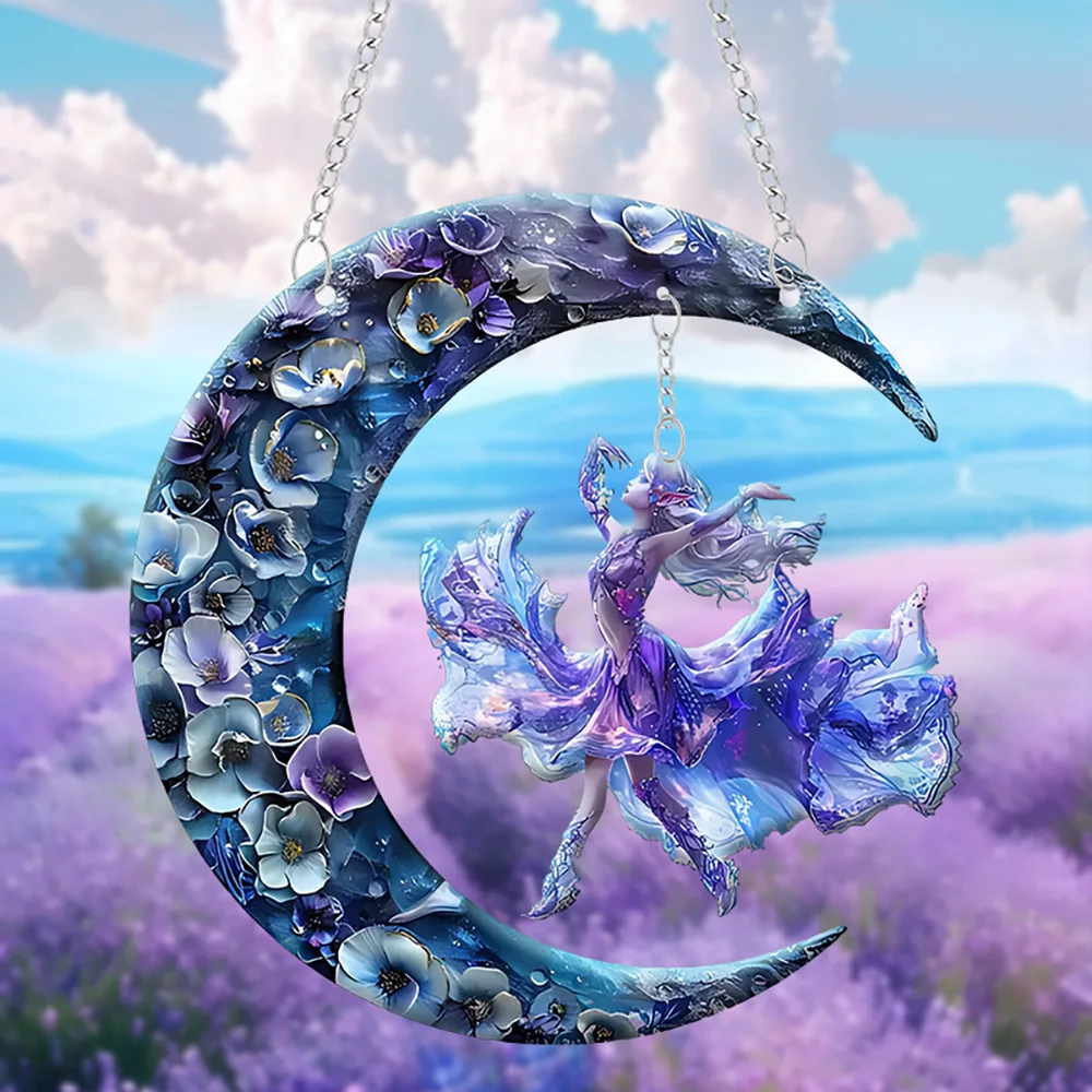 

Dream Wonderland Violet Flower Fairy Dancing Crescent Pendant Pendant Porch Window Decoration Listing