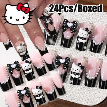 24片/盒 Y2K 黑色法式 Hello Kitty 假指甲 3D 可愛樹脂黑色蝴蝶結&Kitty 指甲貼片 卡通黑色 Kitty 美甲貼片 8 最佳銷售 Hello Kitty 假指甲 - №3