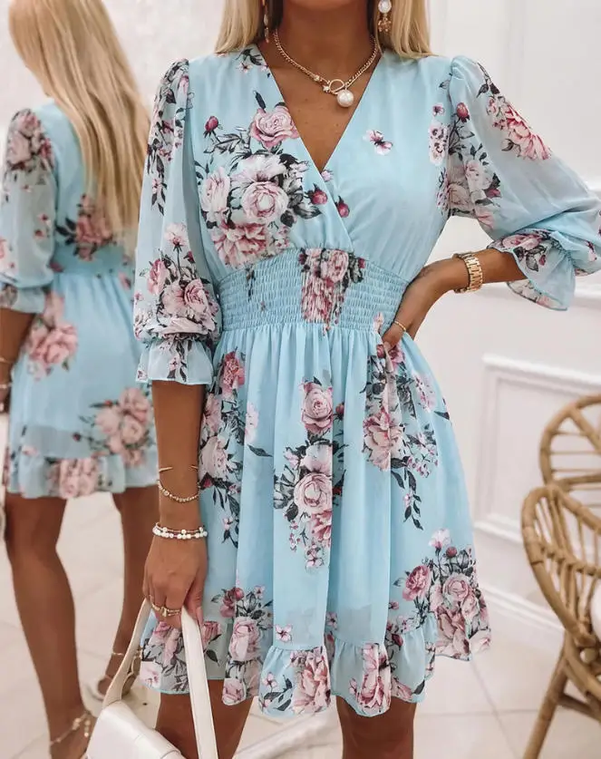 

V-Neck Three-Quarters Sleeve Pleated Waist with Ruffled Hem Dress