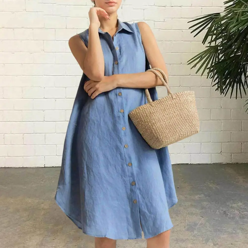 Women Solid Color Dress Loose Fit Shirt Dress Stylish Knee Length Midi Dress with Turn-down Collar Split Irregular Hem for Women