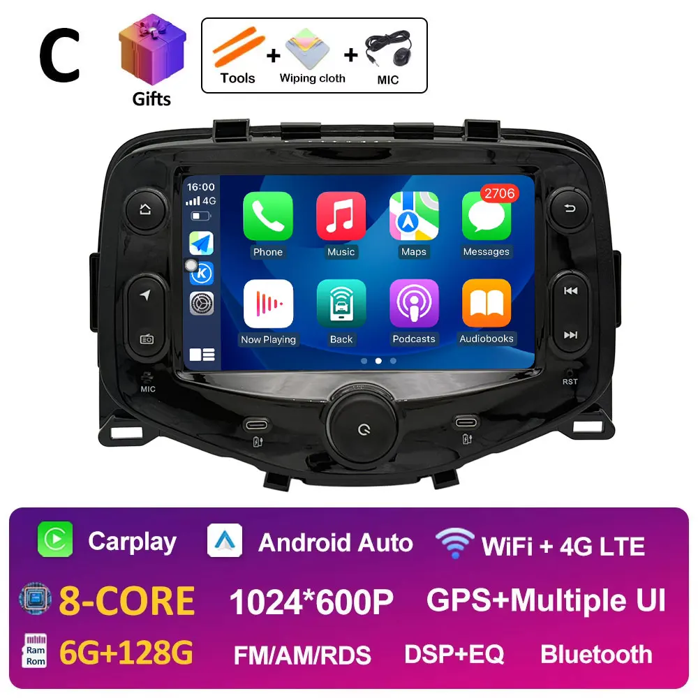 7 "Touchscreen Auto Android 14 voor Toyota Aygo Peugeot 108 Citroen C1 2016 2017-2020 Navigatie GPS DSP Stereo CarPlay Auto