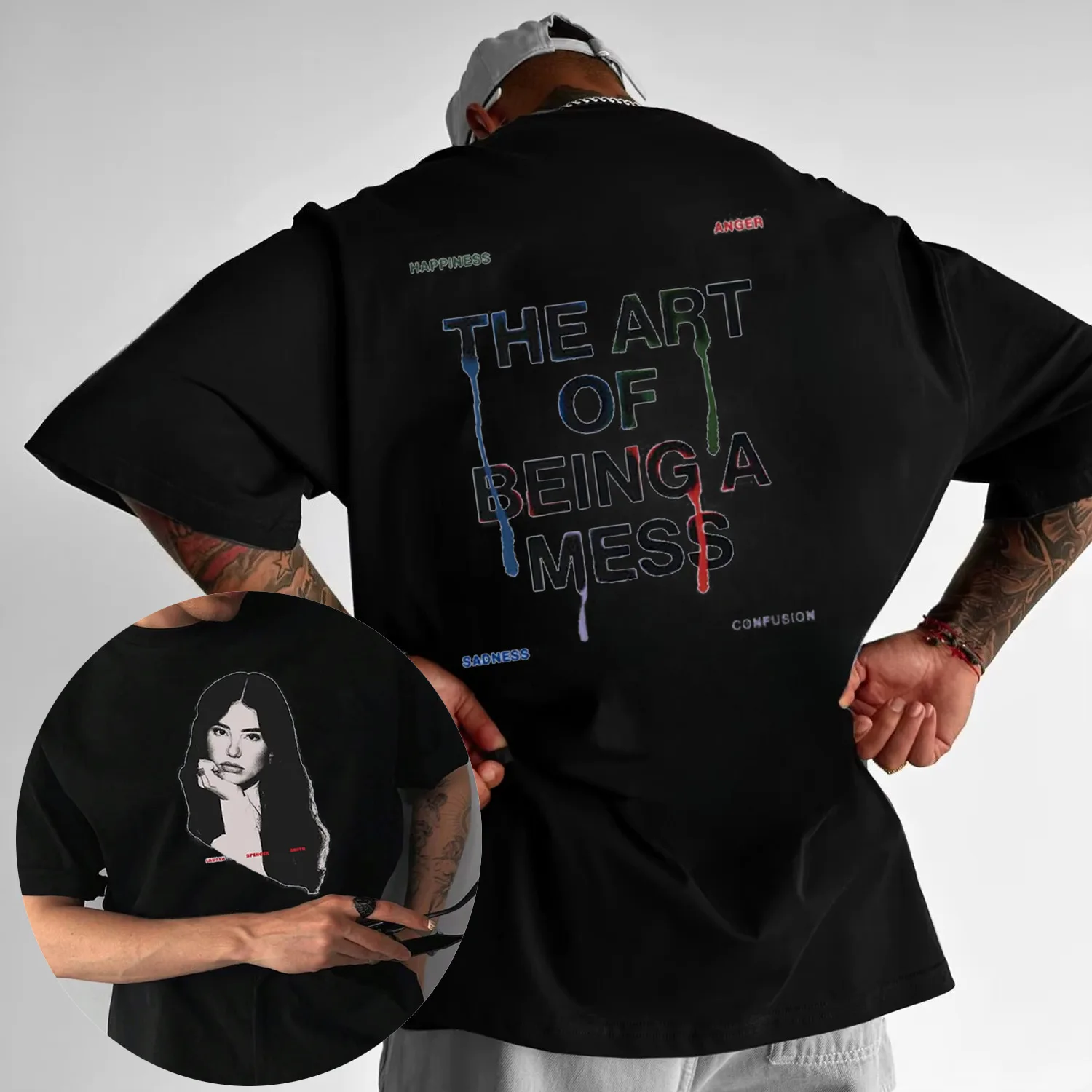 2025 الصيف فوضوي الفن صور تي شيرت لورين سبنسر سميث تي شيرت الرجال القطن عادية فضفاض موضة المغني تي شيرت مطبوع