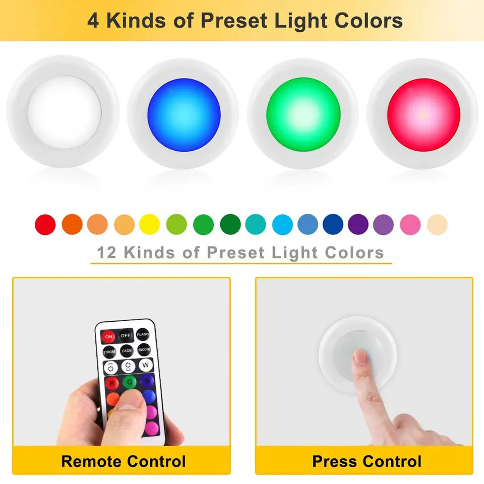 6Pcs RGBW LED Puck Night Lights Remote Control Dimmable Under Cabinet Light Battery Operated Wireless Push Lamp Kitchen Closet