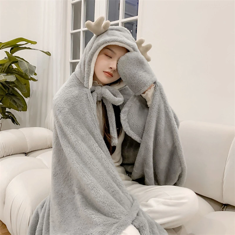 Winter Nightgown Shawl Thickened Bathrobe Blanket Nap Pullover Antler Sweatshirt Office Cute Student Solid Color Hooded Fashion