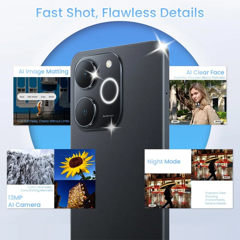 هاتف ذكي Realme Note 70T AI الإصدار العالمي بشاشة 6.75 بوصة 90 هرتز وبطارية 6000 مللي أمبير في الساعة وكاميرا Al بدقة 13 ميجابكسل وشرائح ثماني النواة IP54