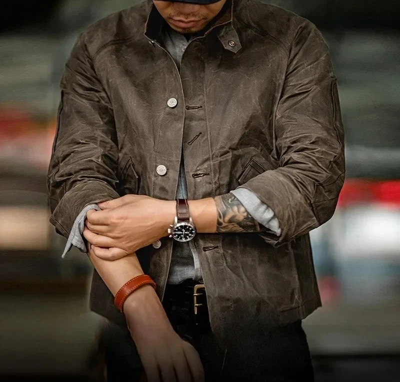 

New Spring Autumn Vintage Stand Collar Oil Waxed Jacket Ⅲ Version for Men's Waterproof Canvas Solid Color Classic Hunting Coat