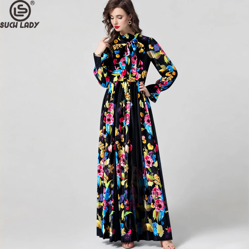 Women's Dress Lace Up Bow Collar Long Sleeves Floral Printed Elegant Maxi Designer Vestidos