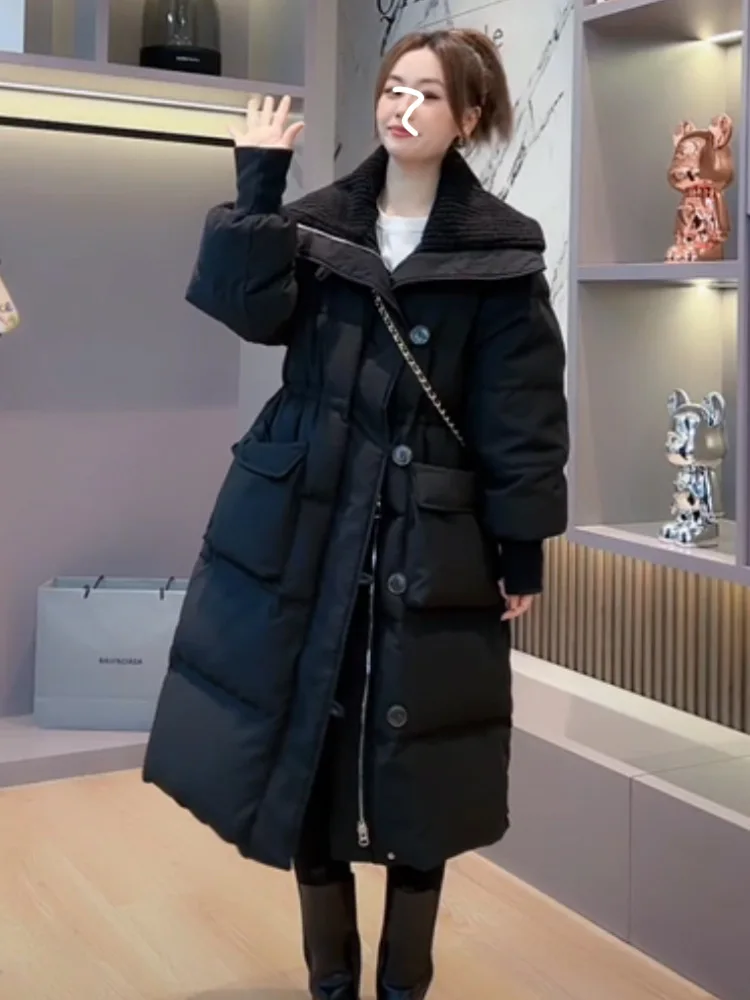 Winter Mid-length Parka Women Oversized Down Cotton Padded Jacket Korean Fashion Coat Thick Warm Lace-up Pockets Outerwear