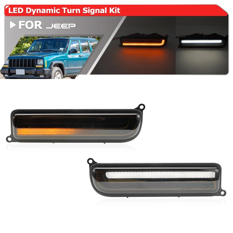 

S​moked Upgraded Switchback Sequential Turn Signal/DRL Parking Kit For Jeep Cherokee XJ 1997-2001 LED Dynamic Sidemarkers Lights