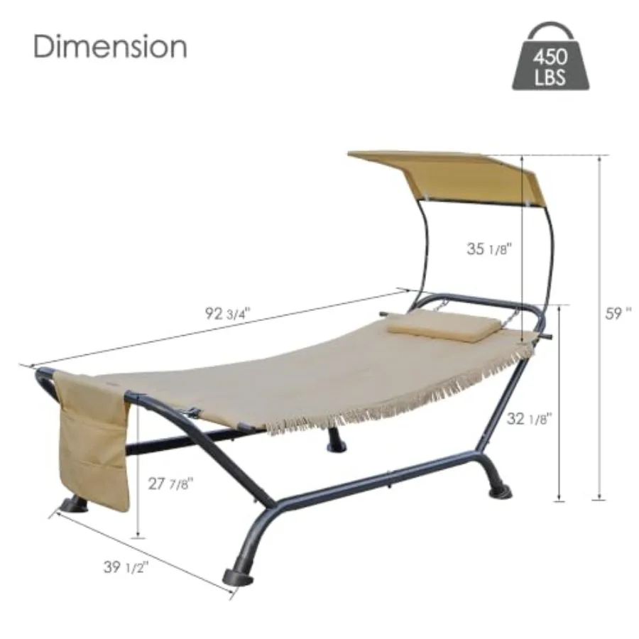 Outdoor patio hammock lounger bed with steel frame, gray fabric, UV-resistant canopy, thick padded cushion and storage pocket f