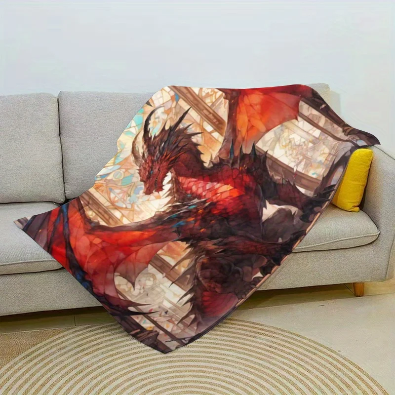 1pc Fire Dragon Hooded Blanket Vibrant Stained Glass Design, Cozy Flannel Throw for Boys, Men Boyfriends, Lightweight