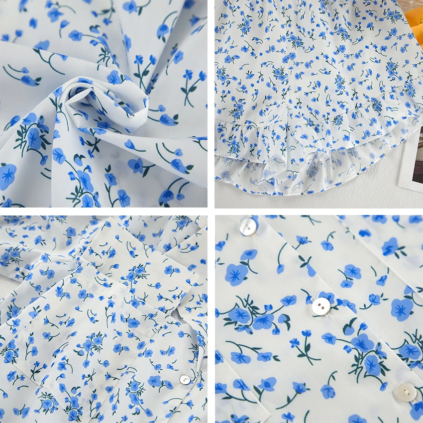 Summer Blue Flower Print Women\'s Pajamas Long-sleeved Ruffles Pants Short 2Pcs Outfit Pyjama Sleepwear Nightwear 100% Polyester