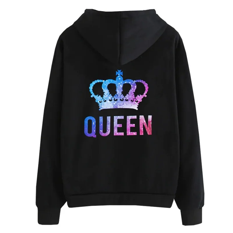 New Couples QUEEN KING Print Hooded Long Sleeve Women Men Couple Sweatshirt Pullover Hoodies