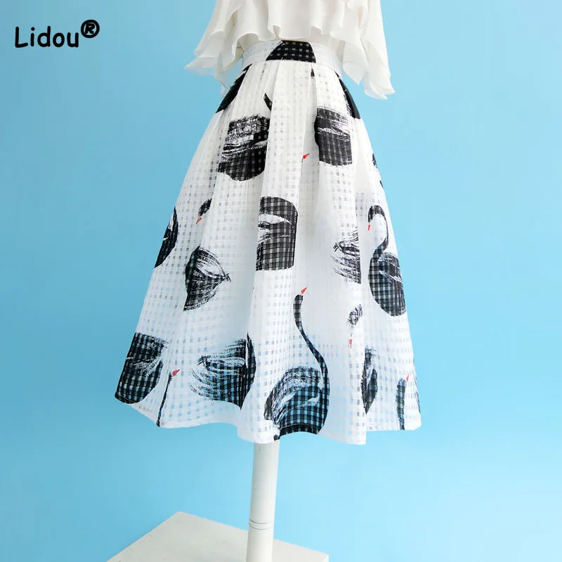 Women's Clothing Fashion Korean Animal Printed A-Line Skirt Summer Casual All-match High Waist Gauze Spliced Skirts for Female