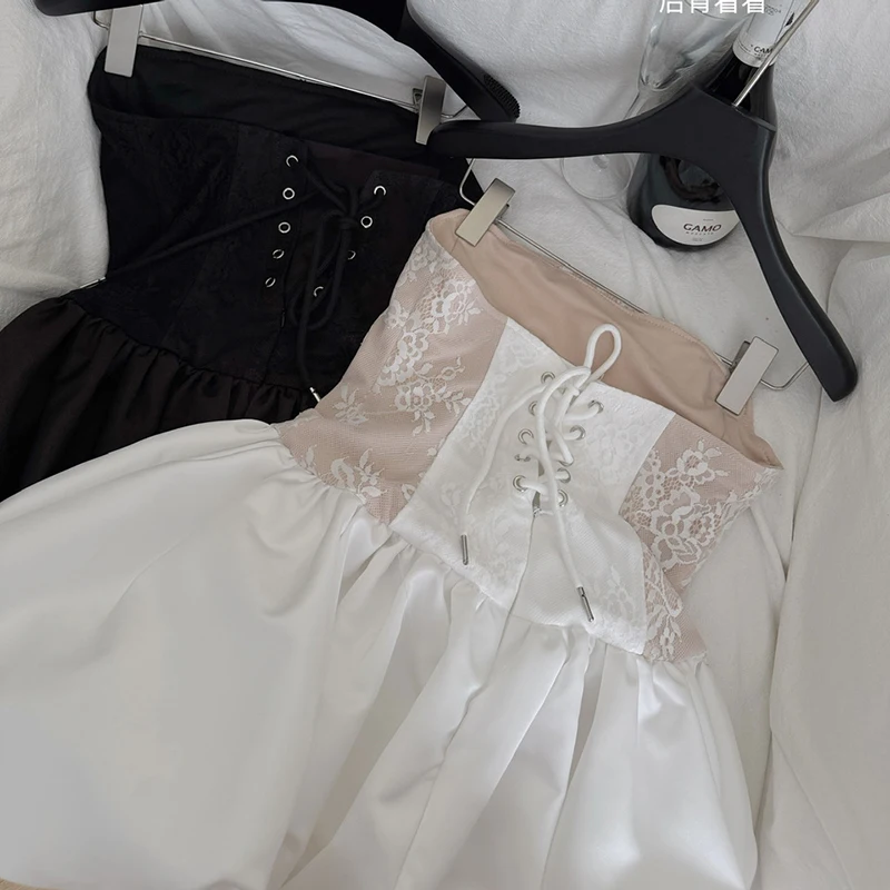 Słodka sukienka mini z koronką 3D w kształcie róży dla kobiet, bez rękawów, z wysokim stanem, z fiszbinami, bufiaste rękawy, haftowana koronka, satynowa sukienka w kwiaty.