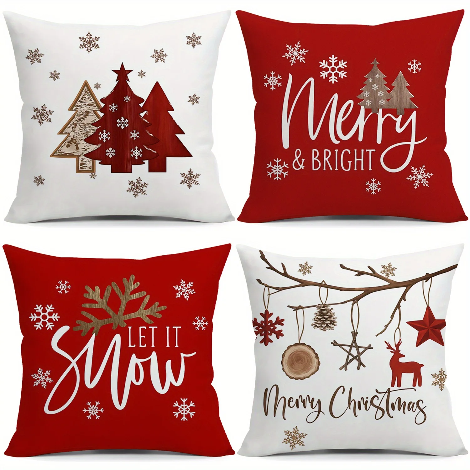 4pcs Red White Christmas Pillow Covers, Merry Bright Snowflake Reindeer Print, Polyester Zippered for Living Room Sofa Decor