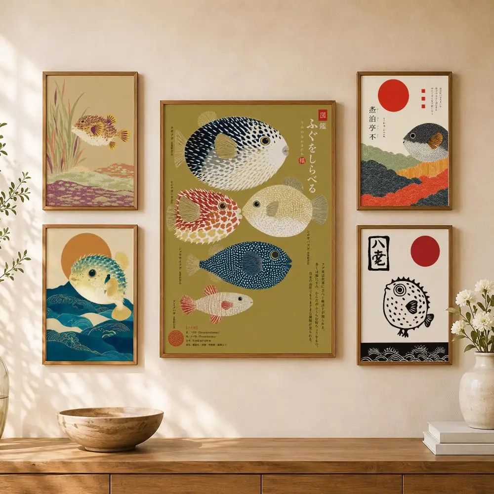 Japanese Pufferfish Fugu Ukiyoe Ocean Waves Vintage Illustration Poster Home Room Cafe Club Decor Aesthetic Art Wall Painting