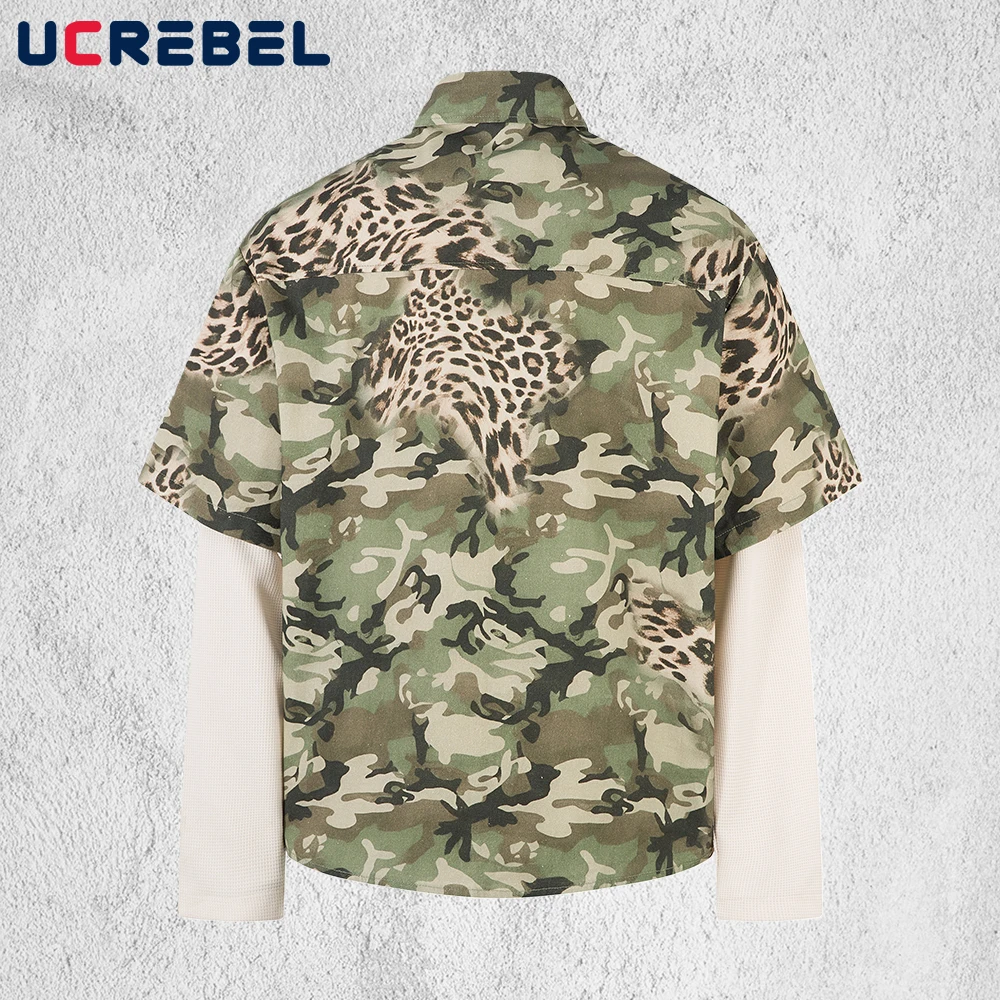 Camouflage Fake two-piece Long Sleeve Shirts Mens Spring Retro Hip Hop Streetwear Loose Single Breasted Lapel Spliced Shirts Man
