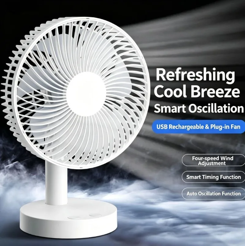

Oscillating Mini Fan, Rechargeable & Plug-in Desktop Fan, Powerful, Washable & Quiet for Dorm & Office