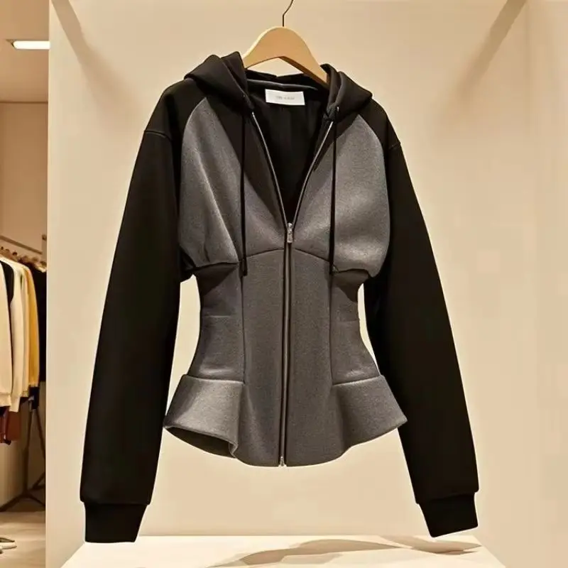 

Korean New Fashion Spring Autumn 2025 Hooded Coat Chic Black-Gray Stitching Short Casual All-match Jacket Female Top Outerwear