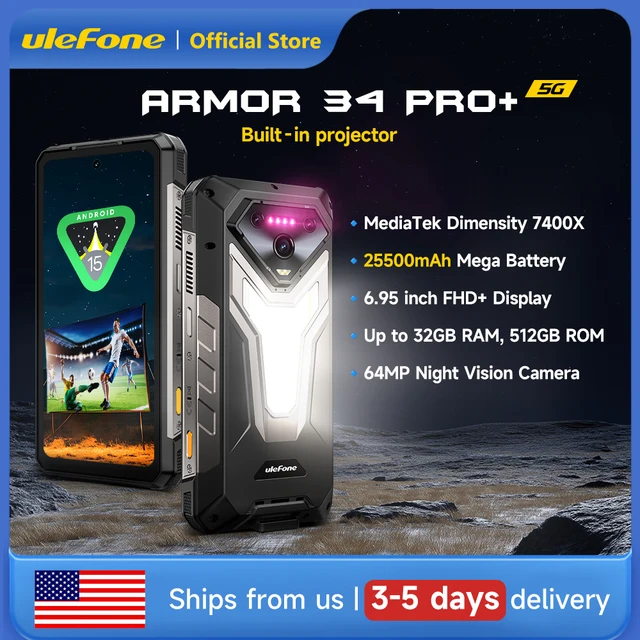 Ulefone Armor 34 Pro Plus 5G AI Rugged Phone 6.95" 25500mAh 32GB+512GB Built-in Projector 120Hz NFC Dimensity 7400X Smartphone Ulefone Armor 34 Pro Plus 5G AI Rugged Phone 6.95" 25500mAh 32GB+512GB Built-in Projector 120Hz NFC Dimensity 7400X Smartphone