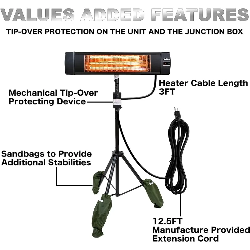 Calentador de Patio infrarrojo de carbono DR-338, con trípode, negro, 23x40 pulgadas