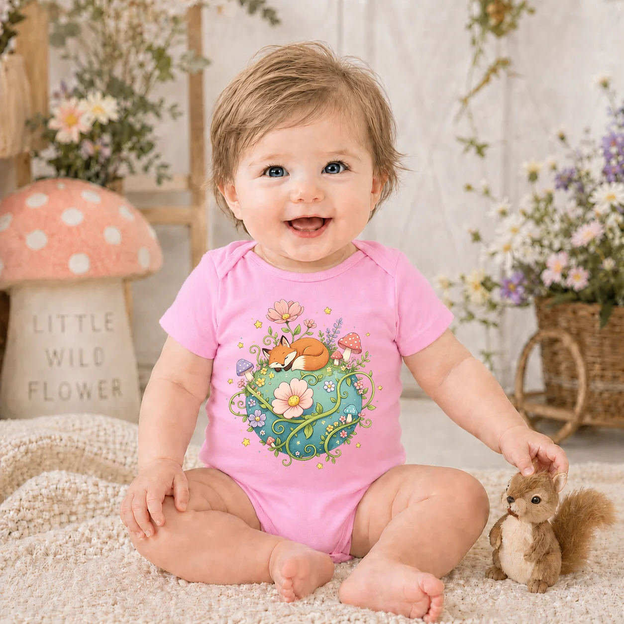 Cute Sleeping Fox Floral Baby Bodysuit Pink Short Sleeve Newborn Girls Onesie Woodland Animal Mushroom Print Infant Jumpsuit Sum