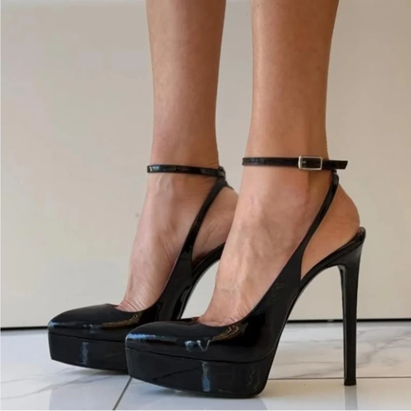 

Black Patent Leather Mary Jane Shoes Thin High Heeled Platform Dress Footwear Pointed Toe Shallow Elegant Heels