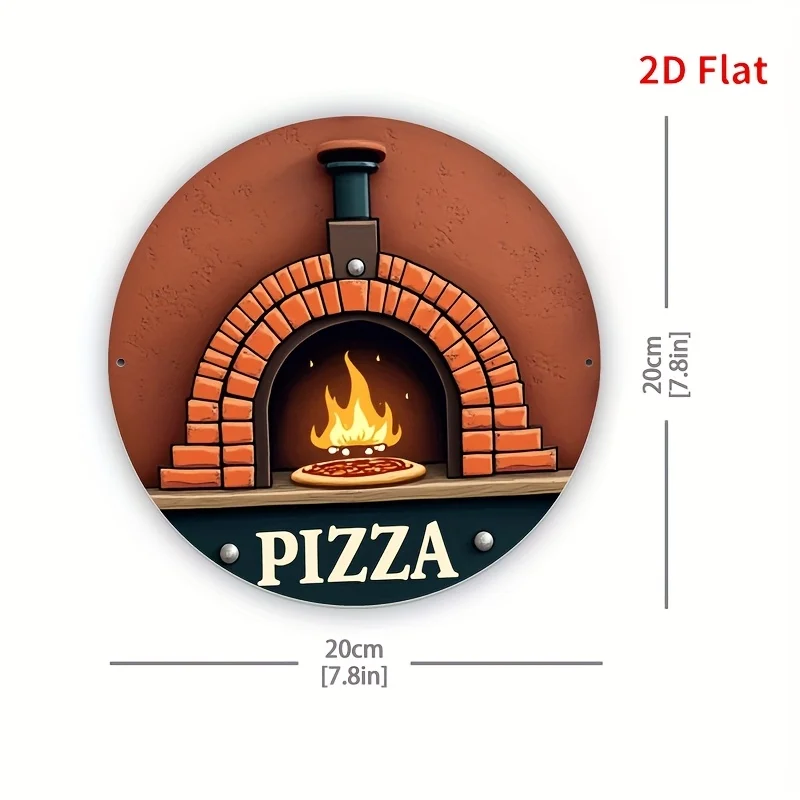 Vintage Italian Pizzeria Wall Decor, 2D Flat Round Pizza & Flame Aluminum Sign, Lightweight Retro Cafe Restaurant Art Gift
