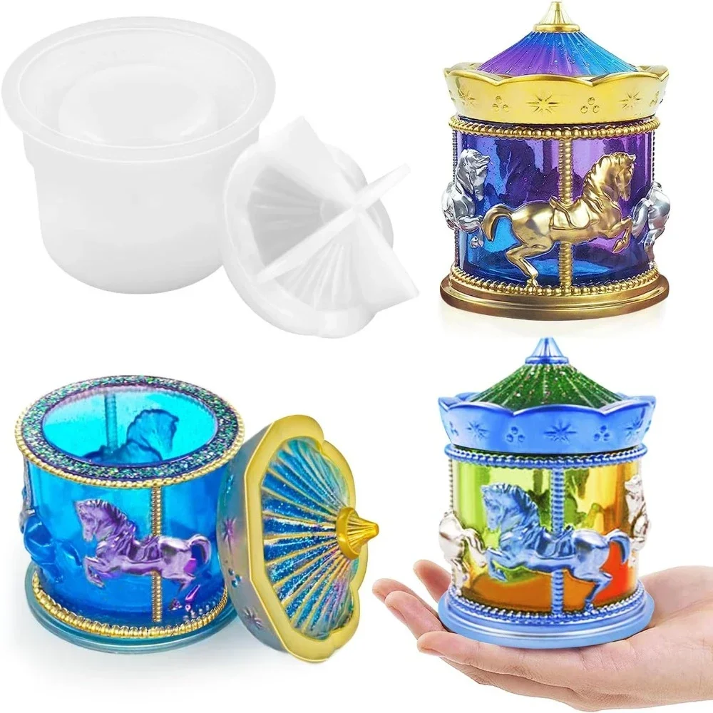 

Carousel Silicone Mold DIY Reusable Lidded Storage Box Epoxy Resin Candle Jar Trinket Container Plaster Concrete Casting Molds