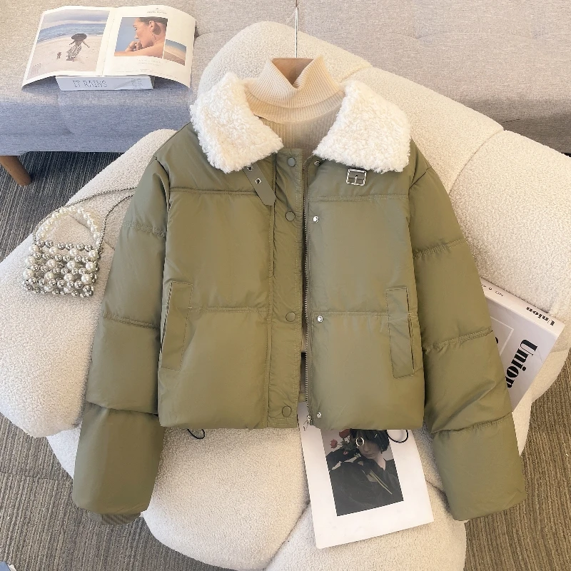 Fashion Lambswool Turn Down Collar Short Winter Coat Winter Single-breasted Short Casual Padded Jacket Thick Warm Outerwear