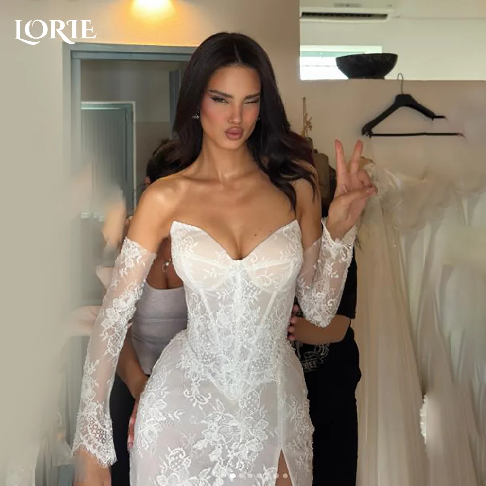

LORIE Vintage Lace Short Mermaid Wedding Dress Pearls Appliques Strapless Corset Mini Bridal Gown Princess Bride Gown Customized