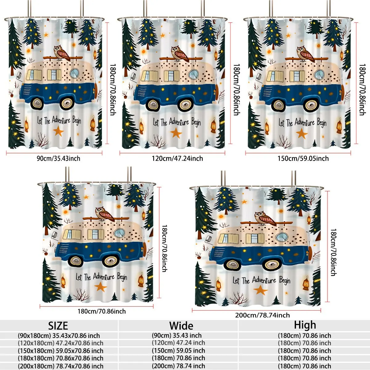 Whimsical Boho Woodland Camping Shower Curtain Cute Retro Caravan Owl Pattern Adventure Forest Decor Bathroom Liner Shower Curta
