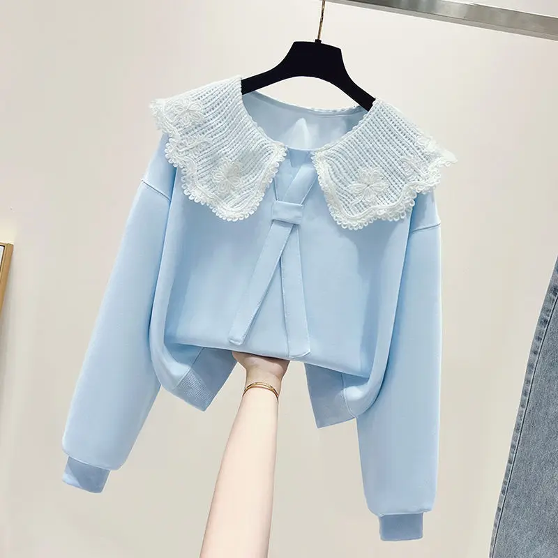 

2025 New Girls' Spring Ruffled Collar Dopamine Long Sleeve Lace Fake Two-Piece Stylish Sweatshirt