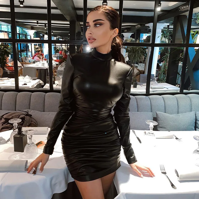 PU Leather Black Women Prom Dress High Neck Full Sleeve Ruffles Sexy Short Mini Party Gown Daily Winter Autumn Birthday Skirt