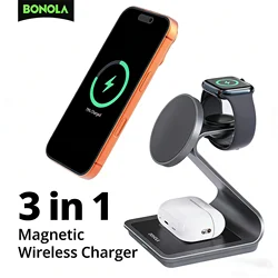 Bonola 3 in 1 Charging Station for iPhone 17/16/15/14/13 Magnetic Dock Metal Wireless Charger Stand for Apple Watch/AirPods Pro