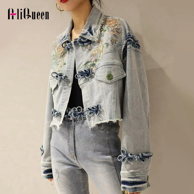 

Autumn Blue Floral Enbroidery Tassel Cropped Denim Jackets Ethnic Vintage Long Sleeve Jeans Jacket Women Casual Loose Short Coat