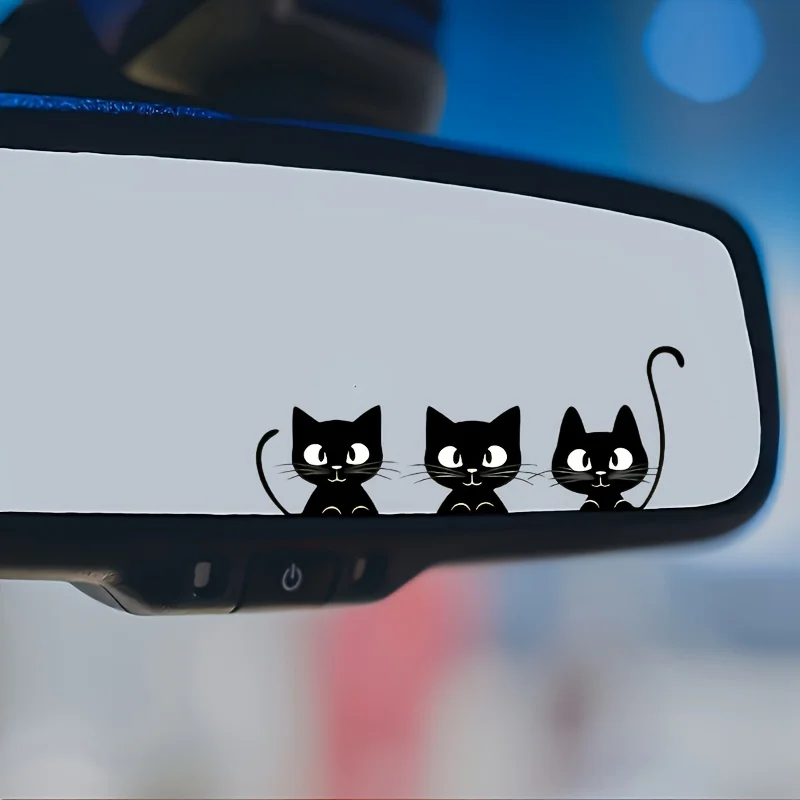 1 Stück 3 schwarze Katzen süßer wasserdichter selbstklebender Vinyl-Aufkleber – schwarz/weißes Auto-Innenraum-Rückspiegel-Dekor