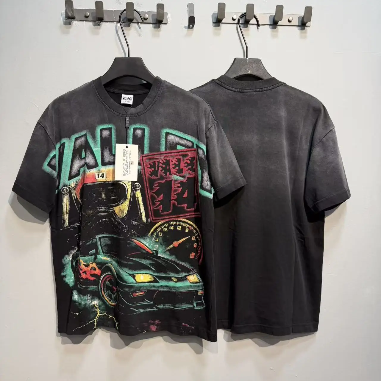 Vale Valley Retro American Streetwear Racing Print Washed Heavyweight Loose Fit Pure Cotton Short Sleeve T-Shirt Citywalk Cas...