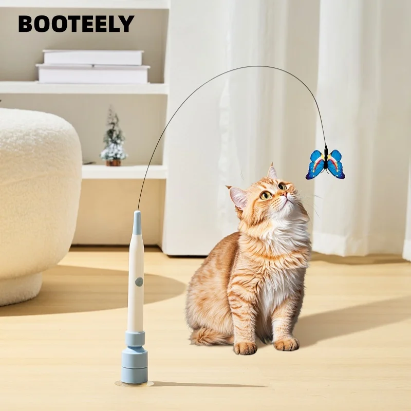 BOOTEELY Elektrischer Saugnapf, Katzenspielzeug, Schmetterling, fliegendes Katzenspielzeug, selbsteinhaltendes Katzenspielzeug, langer Stab, Stahldraht, Katzenspielzeug