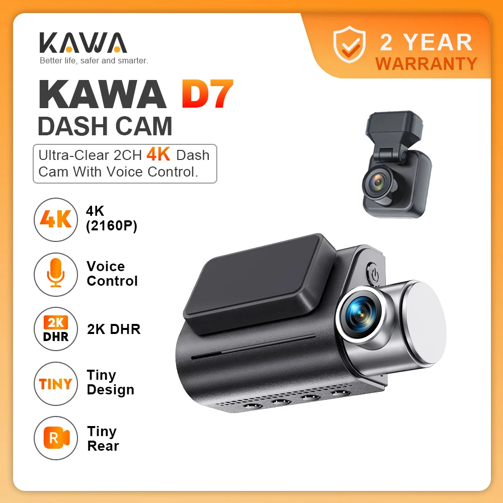 KAWA Dash Cam D7 4K Voice Control Dash Cam Night Vision 24Hours Parking Monitoring WiFi6 Built-in GPS G-sensor Car DVR 2K DHR