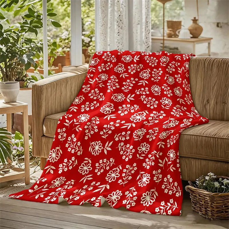 White Flowers Red Flannel Blanket Perfect for Sofa Office Bed Travel Sleep Read Relax Camping Four Season Use