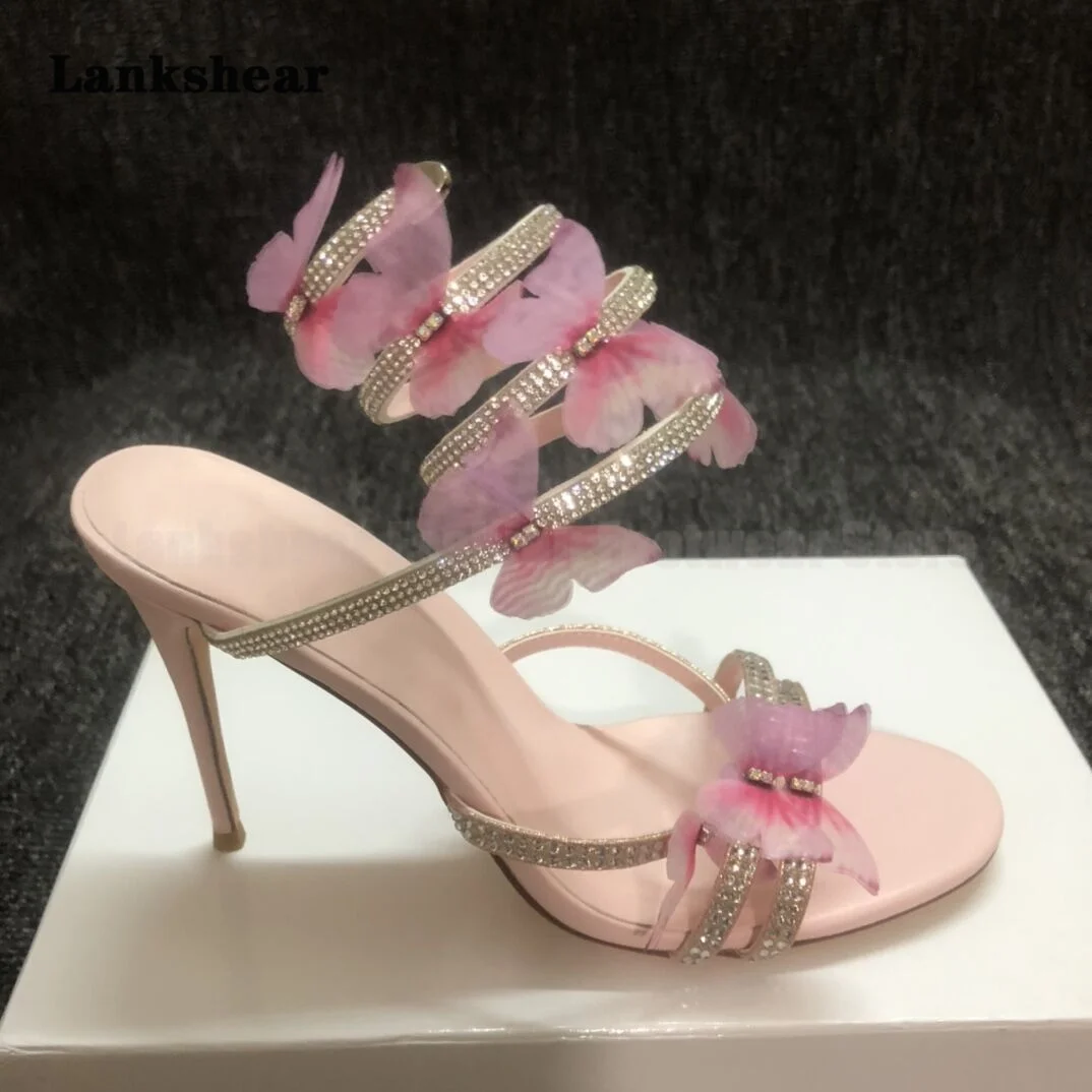 Blingbling Rhinestone Butterfly Decoration High-Heeled Shoes Female Luxury Brand Design One-Word Belt Stiletto Sandals Female