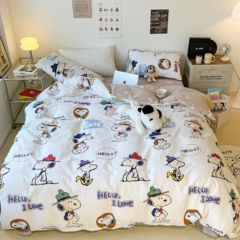 

Snoopy Cartoon Cotton Bedding Four-Piece Set Students Dormitory Sheet Quilt Cover Pillow Case Kawaii Anime Plush Girls Gifts