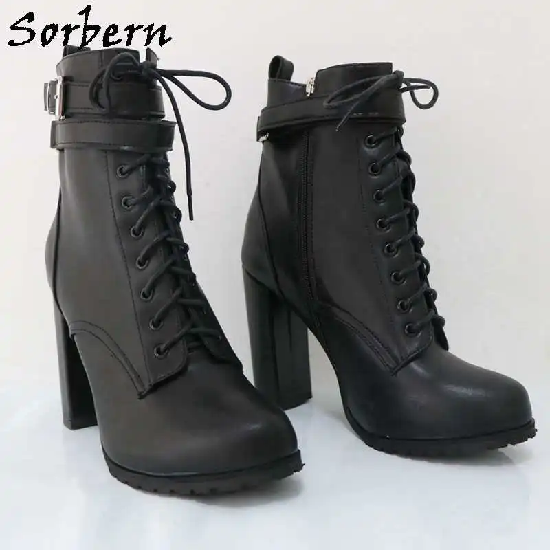 Sorbern Block High Heel Women Boots Ankle Straps Round Toe Hidden Platform Lace Up Shoes Chunky Heeled Short Booties Custom